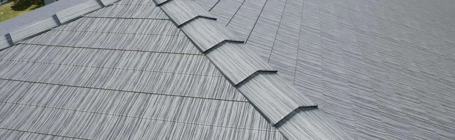 Example of a stone-coated metal roof with a tile-style profile. Example photo only, not an actual MRC job photo.
